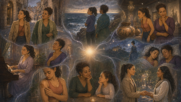 Collage espiritual de dos mujeres ante una calle antigua, un mar agitado, cerámica de museo, un piano, una marca de nacimiento, sueños, una niña y una mujer desconocida.