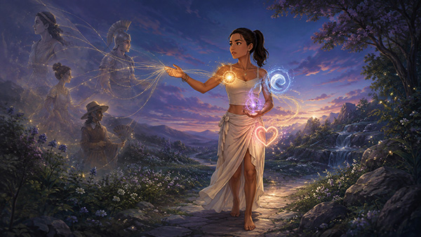 Mujer caminando por un sendero al anochecer mientras hilos dorados la conectan con cuatro figuras históricas transparentes y varios símbolos luminosos rodean su cuerpo.