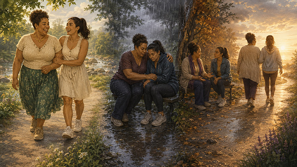Dos mujeres aparecen riendo, abrazándose bajo la lluvia, conversando en un banco y caminando hacia el atardecer.