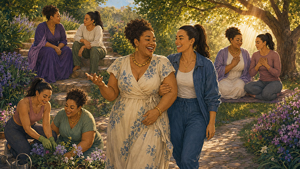 Dos mujeres ríen, conversan, cuidan flores y se sientan juntas en un jardín iluminado por el sol.