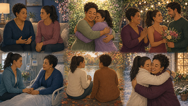 Seis escenas muestran a dos mujeres conversando, abrazándose, celebrando con una pareja, acompañándose en el hospital, sentadas junto a un lago y reencontrándose.