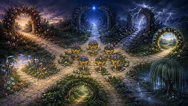 Seis copas doradas llenas de flores rodeadas por caminos que conducen hacia jardines luminosos, un paso estrellado y una tormenta.