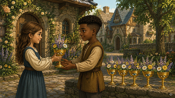 Dos niños intercambiando una copa dorada llena de flores junto a otras cinco copas en una aldea medieval soleada.