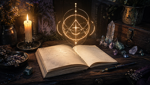 Sigil magic scene with a golden symbol floating above an open journal beside a candle, pen, crystals, herbs, and wooden chest.