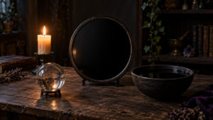 La videncia con espejo puede utilizar un espejo negro, una esfera transparente o agua en calma durante una práctica a la luz de una vela.