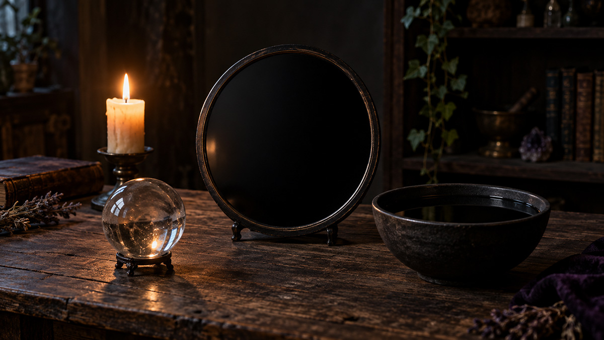 La videncia con espejo puede utilizar un espejo negro, una esfera transparente o agua en calma durante una práctica a la luz de una vela.