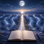 Ilustración de la meditación siete de copas con un diario abierto, un bolígrafo y cristales frente a siete senderos luminosos bajo la luna llena.