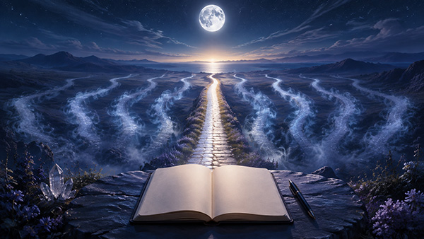 Ilustración de la meditación siete de copas con un diario abierto, un bolígrafo y cristales frente a siete senderos luminosos bajo la luna llena.