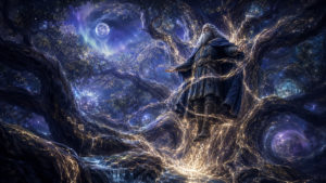 Runas nórdicas luminosas recorren un árbol gigantesco alrededor de una figura barbuda con túnica, bajo la luna llena y un cielo violeta.