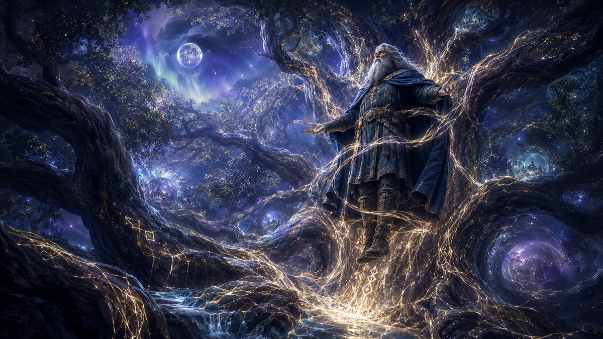 Runas nórdicas luminosas recorren un árbol gigantesco alrededor de una figura barbuda con túnica, bajo la luna llena y un cielo violeta.