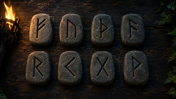 Ocho runas nórdicas grabadas en piedras oscuras sobre tablas de madera, junto a una llama y hojas verdes de hiedra.