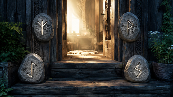 Cuatro runas nórdicas grabadas en grandes piedras alrededor de la entrada iluminada de una casa de madera oscura, con helechos y flores.
