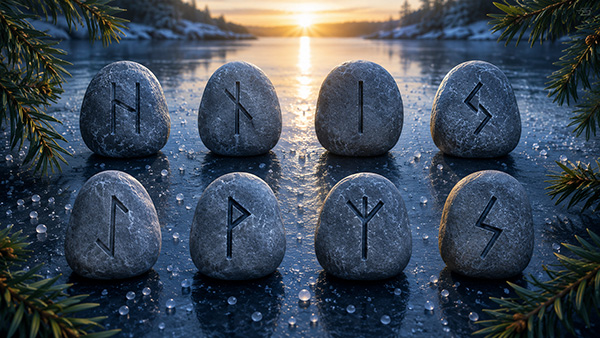 Ocho runas nórdicas grabadas en piedras redondeadas sobre un lago helado al amanecer, entre ramas de conífera y pequeñas bolas de hielo.