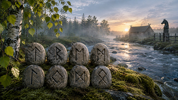 Ocho runas nórdicas grabadas en piedras verticales junto a un abedul, un río, una casa de madera y un poste con forma de caballo al amanecer.