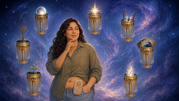 Ilustración del siete de copas con una mujer pensativa y una bolsa de ostomía, rodeada por siete cálices con una llave, luna, planta, estrella, mariposa, puente y llama blanca.
