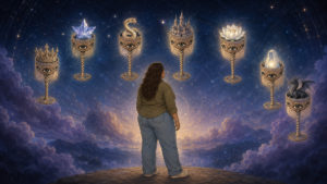 Ilustración del siete de copas con una mujer ante siete cálices dorados que contienen una corona, un cristal, una serpiente, un castillo, un loto, una figura luminosa y un dragón.