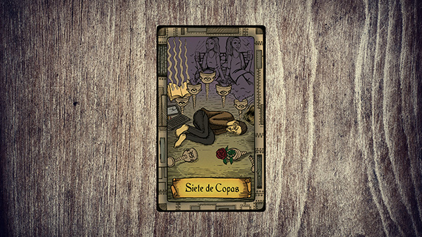 La carta del Siete de Copas del Tarot Conspiratorio muestra a alguien sumido en la agonía, rodeado de copas rotas. Parece que un viejo recuerdo le persigue.