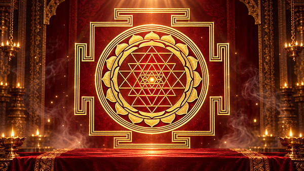 Sri Yantra delineado en oro sobre un fondo rojo oscuro, rodeado de columnas ornamentadas, lámparas de aceite y humo de incienso.