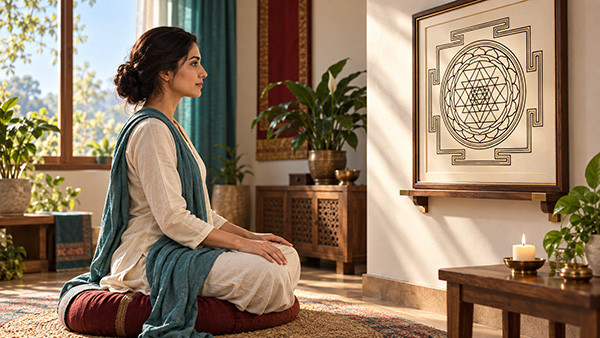 Mujer sentada con las piernas cruzadas sobre un cojín frente a un Sri Yantra enmarcado, en una habitación soleada con plantas y una vela encendida.