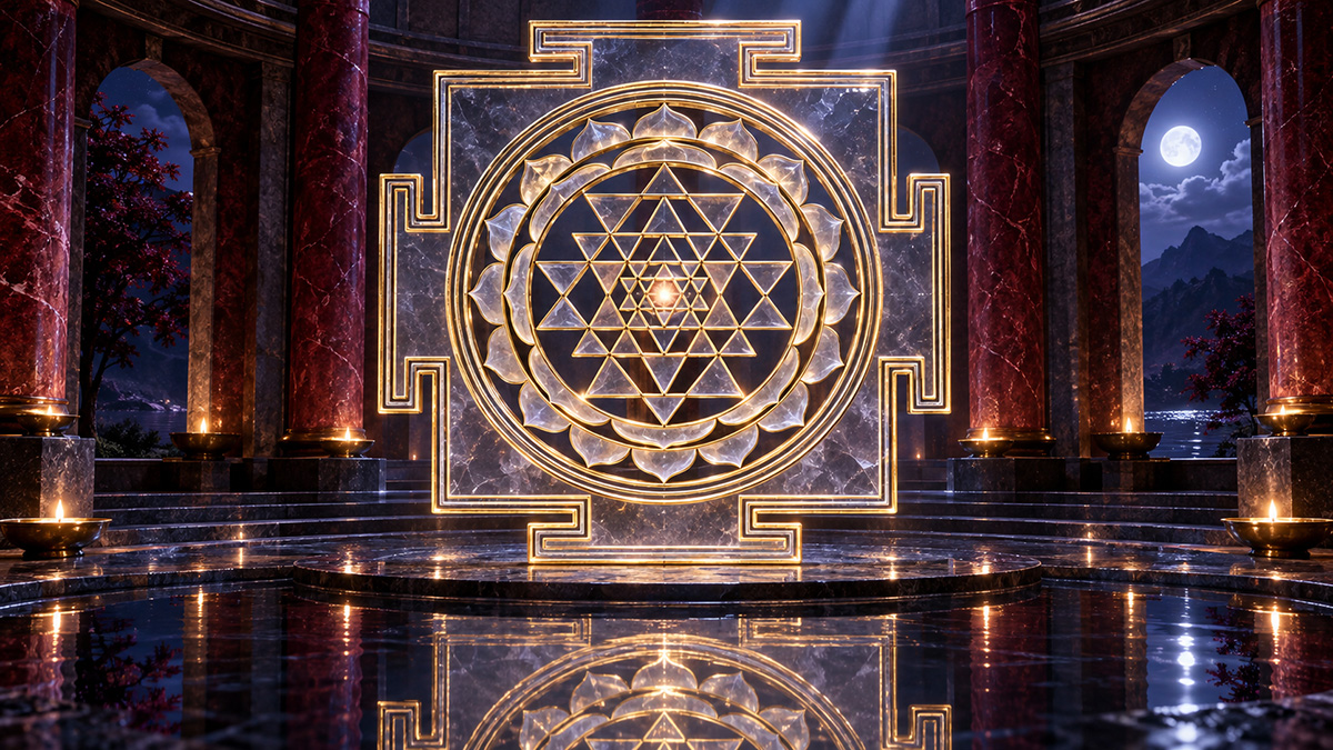 Sri Yantra luminoso en tonos dorados y cristalinos dentro de un templo de mármol oscuro con velas, arcos y luna llena.