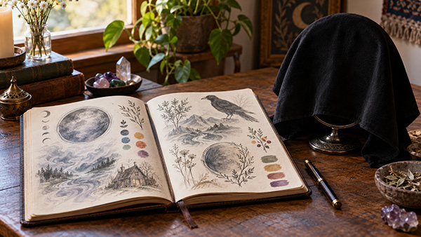 Escena de estudio sobre videncia con espejo con un diario ilustrado abierto, lunas, plantas, un ave y paisajes, junto a un objeto redondo cubierto, cristales, hierbas y una pluma.