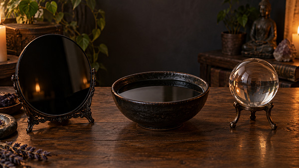 Herramientas de videncia con espejo sobre una mesa, con un espejo negro ovalado, un cuenco de agua oscura, una esfera transparente, velas, plantas y una pequeña estatua.