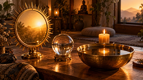 Preparación para videncia con espejo con un espejo dorado que refleja el atardecer, una esfera transparente, un cuenco de latón con agua y una vela encendida.